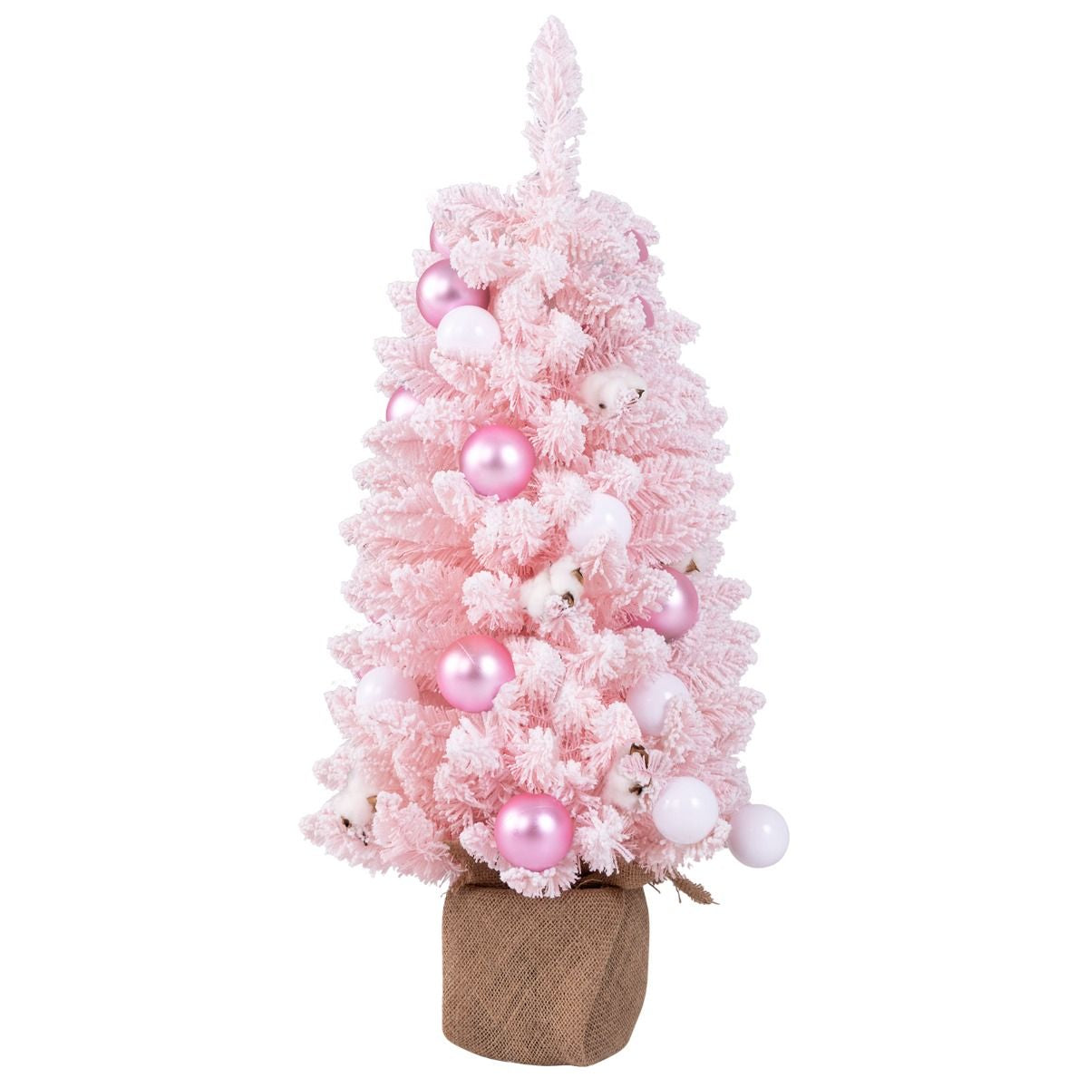 Mini Sapin De Noël Artificiel De 90 Cm Avec 12 Boules De Coton Naturel 24 Boules Décoratives Pointes De Branches Floquées De Neige Bleu/Rose