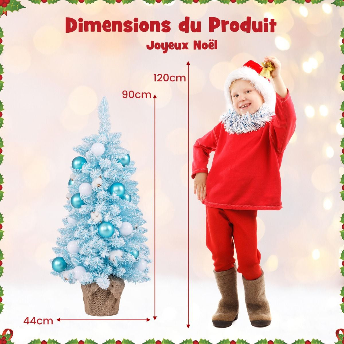 Mini Sapin De Noël Artificiel De 90 Cm Avec 12 Boules De Coton Naturel 24 Boules Décoratives Pointes De Branches Floquées De Neige Bleu/Rose