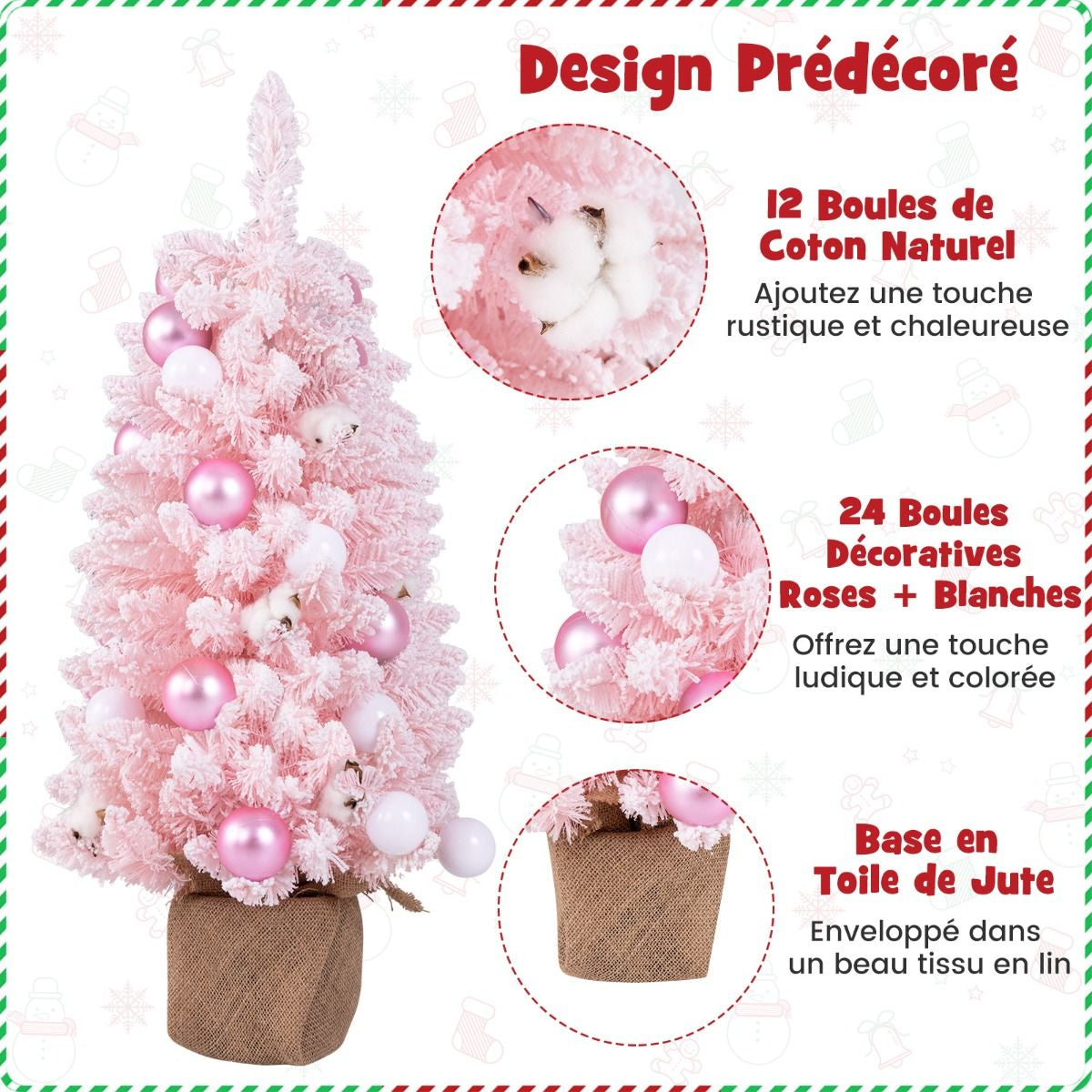 Mini Sapin De Noël Artificiel De 90 Cm Avec 12 Boules De Coton Naturel 24 Boules Décoratives Pointes De Branches Floquées De Neige Bleu/Rose