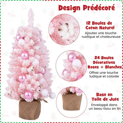 Mini Sapin De Noël Artificiel De 90 Cm Avec 12 Boules De Coton Naturel 24 Boules Décoratives Pointes De Branches Floquées De Neige Bleu/Rose