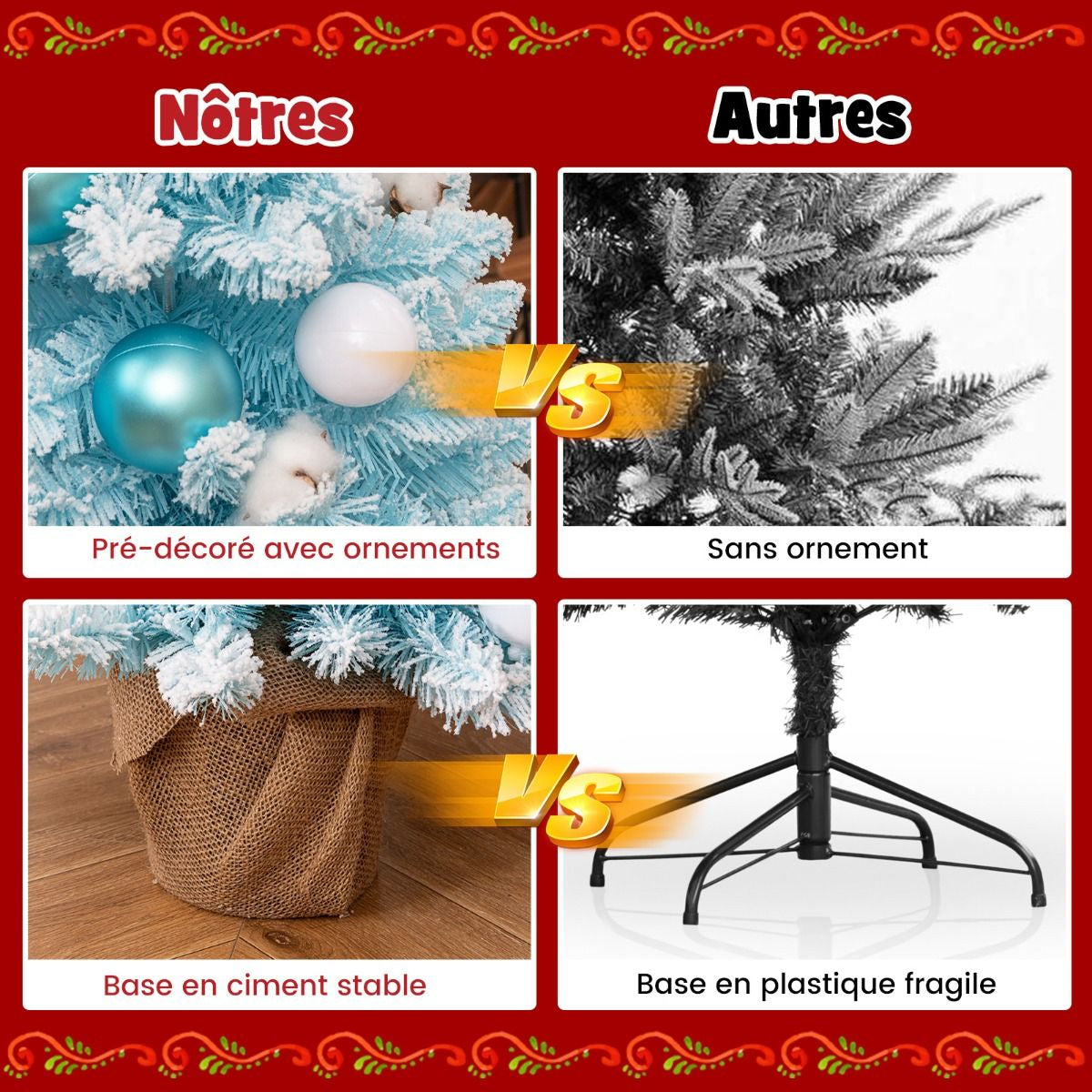 Mini Sapin De Noël Artificiel De 90 Cm Avec 12 Boules De Coton Naturel 24 Boules Décoratives Pointes De Branches Floquées De Neige Bleu/Rose