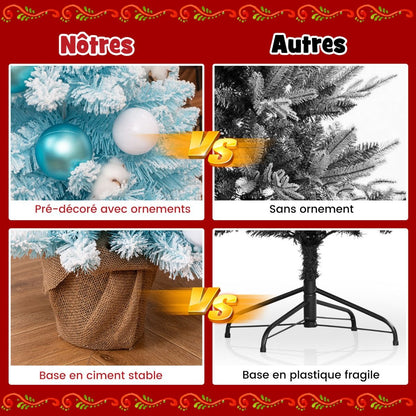 Mini Sapin De Noël Artificiel De 90 Cm Avec 12 Boules De Coton Naturel 24 Boules Décoratives Pointes De Branches Floquées De Neige Bleu/Rose