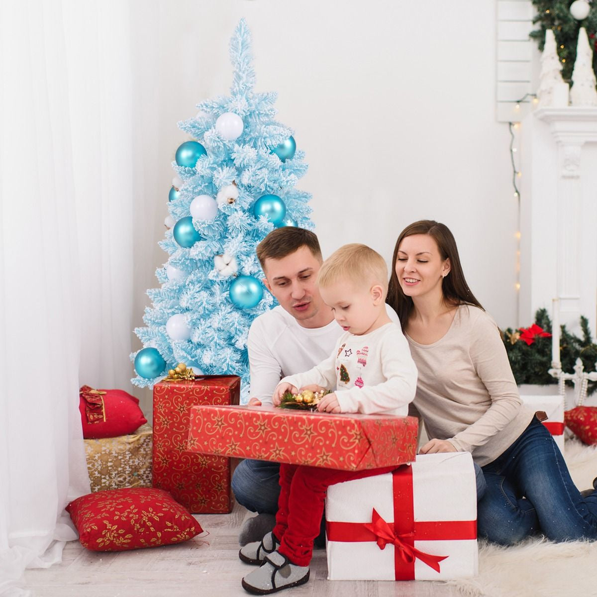 Mini Sapin De Noël Artificiel De 90 Cm Avec 12 Boules De Coton Naturel 24 Boules Décoratives Pointes De Branches Floquées De Neige Bleu/Rose