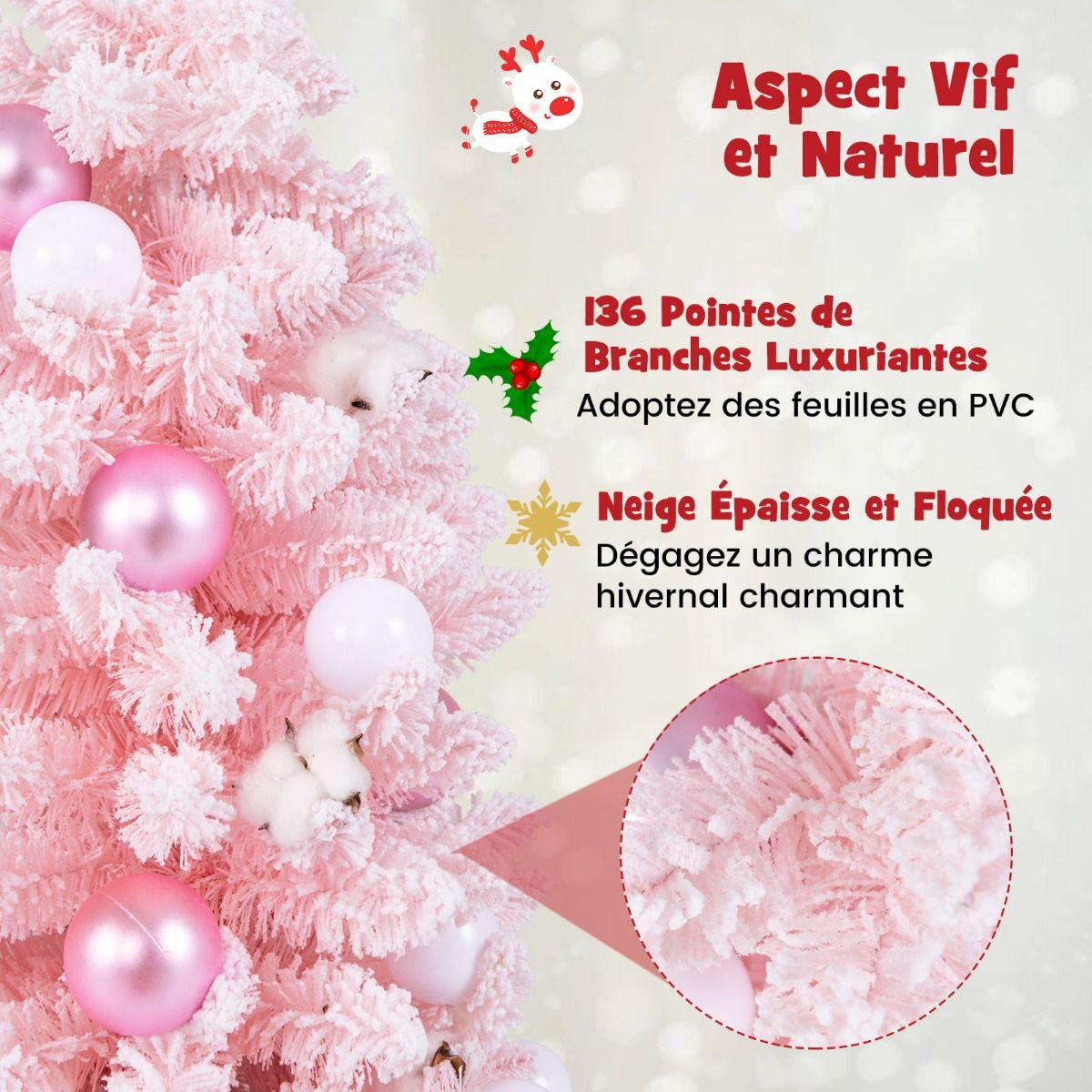 Mini Sapin De Noël Artificiel De 90 Cm Avec 12 Boules De Coton Naturel 24 Boules Décoratives Pointes De Branches Floquées De Neige Bleu/Rose