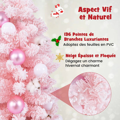 Mini Sapin De Noël Artificiel De 90 Cm Avec 12 Boules De Coton Naturel 24 Boules Décoratives Pointes De Branches Floquées De Neige Bleu/Rose