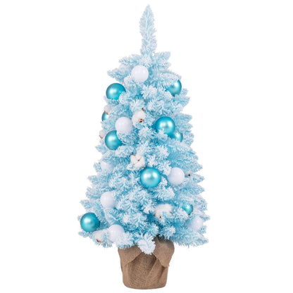Mini Sapin De Noël Artificiel De 90 Cm Avec 12 Boules De Coton Naturel 24 Boules Décoratives Pointes De Branches Floquées De Neige Bleu/Rose