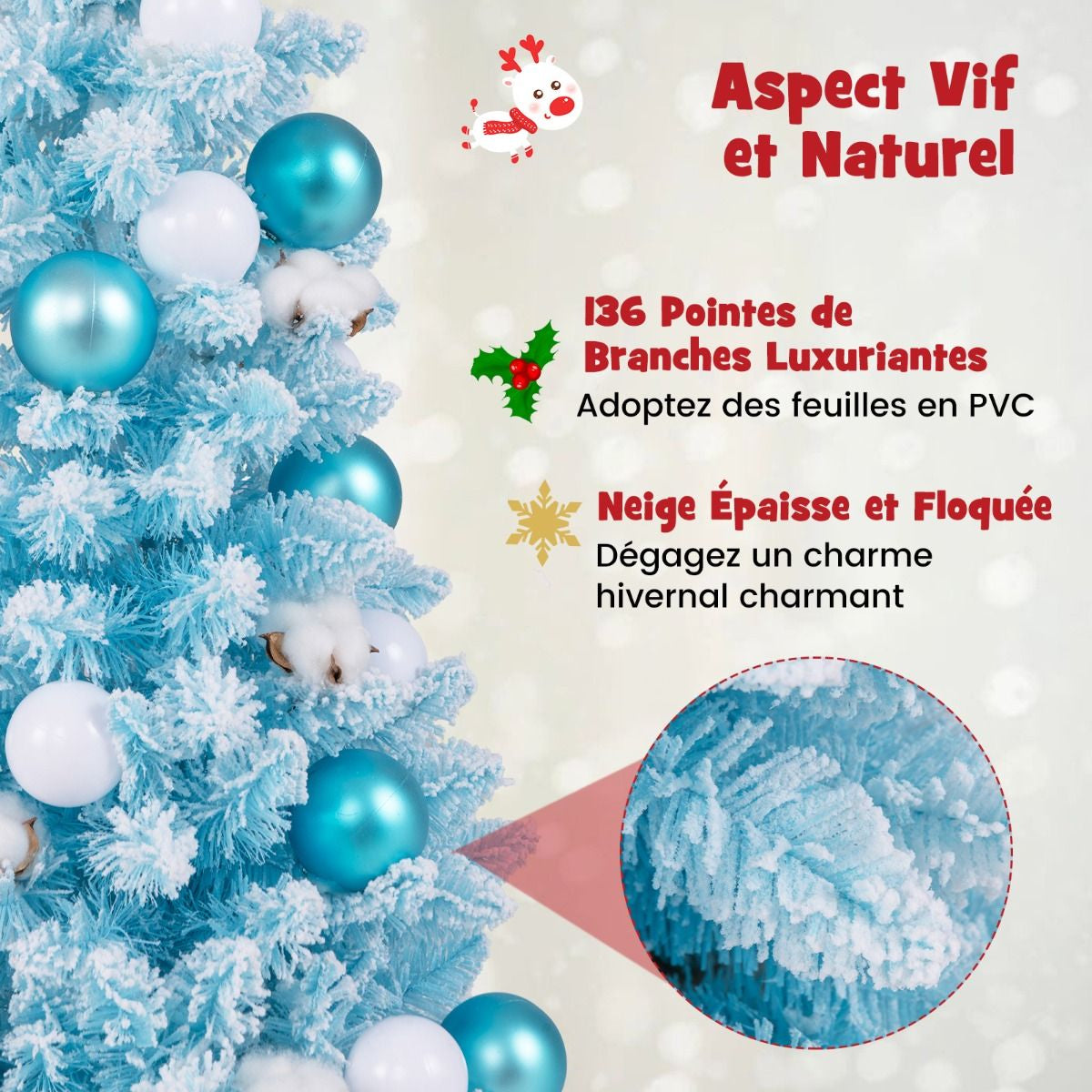 Mini Sapin De Noël Artificiel De 90 Cm Avec 12 Boules De Coton Naturel 24 Boules Décoratives Pointes De Branches Floquées De Neige Bleu/Rose
