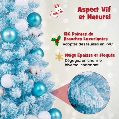 Mini Sapin De Noël Artificiel De 90 Cm Avec 12 Boules De Coton Naturel 24 Boules Décoratives Pointes De Branches Floquées De Neige Bleu/Rose