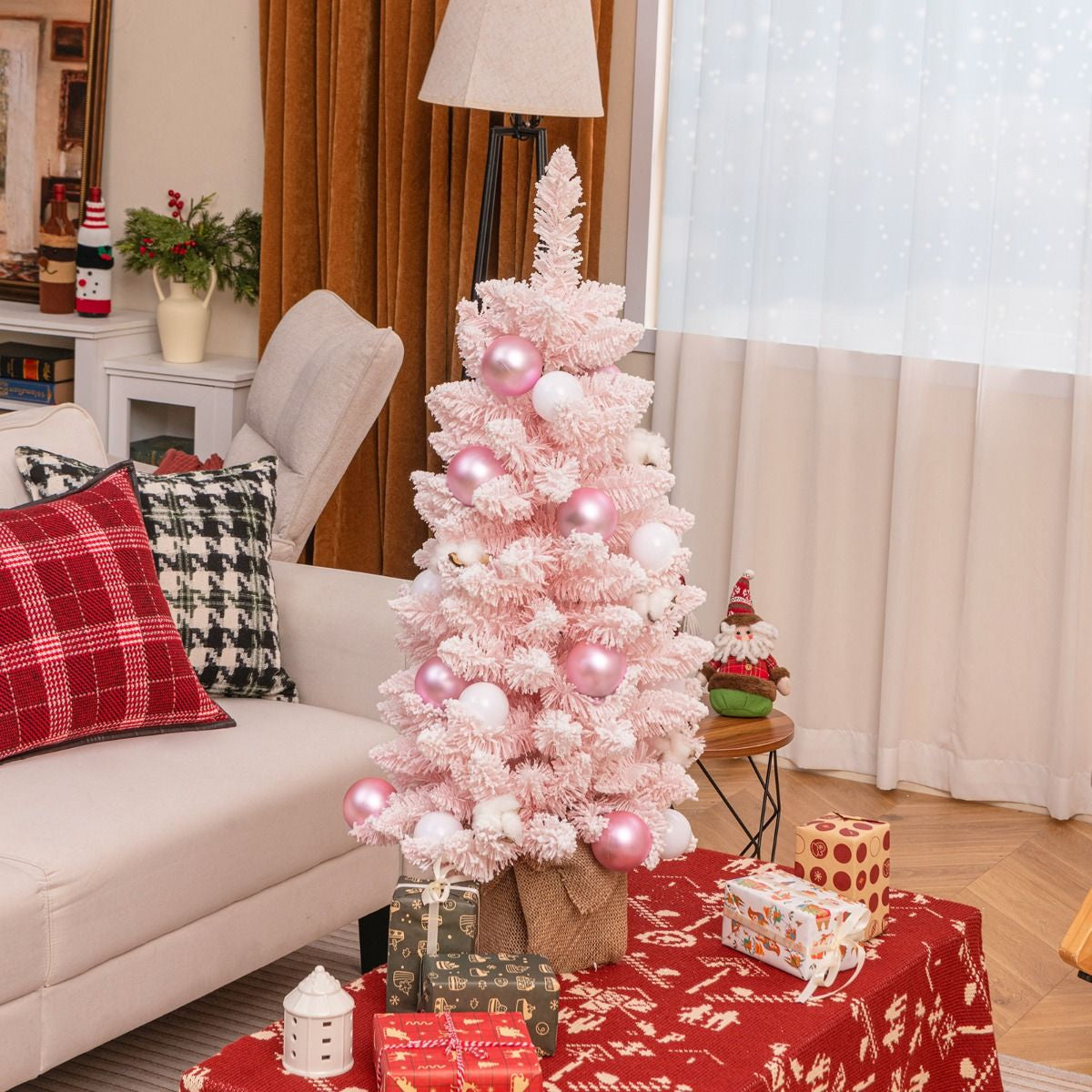 Mini Sapin De Noël Artificiel De 90 Cm Avec 12 Boules De Coton Naturel 24 Boules Décoratives Pointes De Branches Floquées De Neige Bleu/Rose