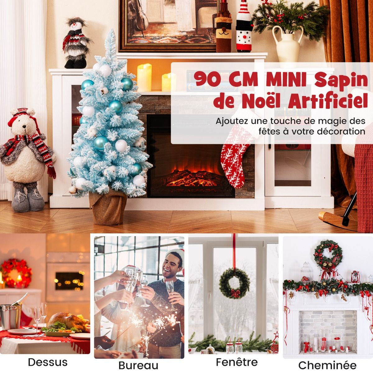 Mini Sapin De Noël Artificiel De 90 Cm Avec 12 Boules De Coton Naturel 24 Boules Décoratives Pointes De Branches Floquées De Neige Bleu/Rose