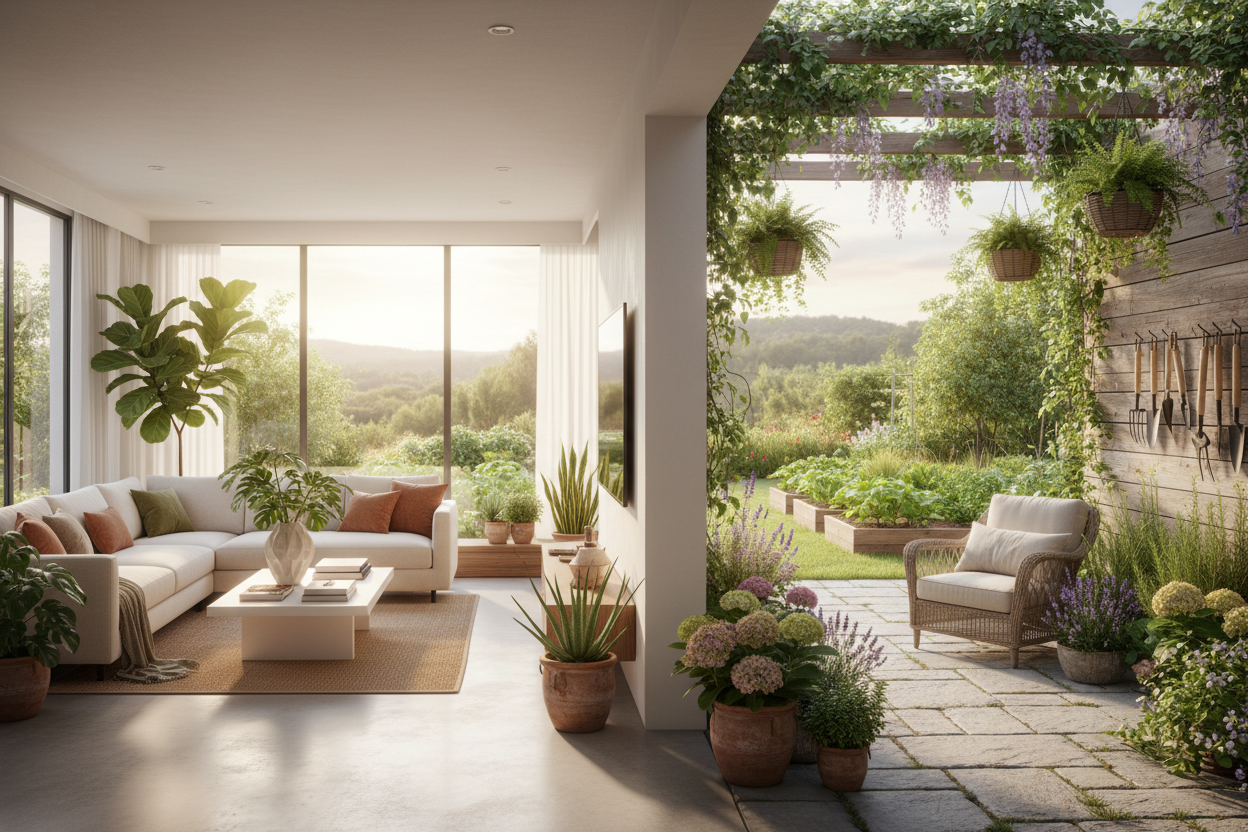 Create a high-quality, visually stunning banner image for a Shopify store specializing in home and garden products. The composition features a bright, modern living room seamlessly transitioning into a lush, vibrant garden patio. Use natural light with soft sunlight beams filtering through large windows, highlighting elegant indoor plants, cozy furniture, and aesthetically arranged garden tools. The color scheme combines fresh greens, warm earth tones, and crisp whites for an inviting, sophisticated atmosph