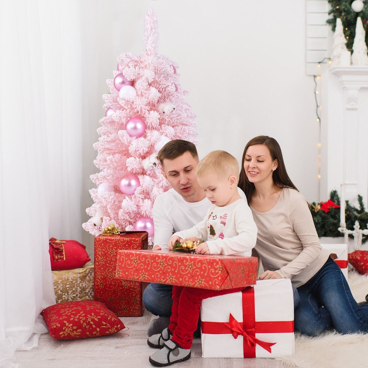 Mini Sapin De Noël Artificiel De 90 Cm Avec 12 Boules De Coton Naturel 24 Boules Décoratives Pointes De Branches Floquées De Neige Bleu/Rose